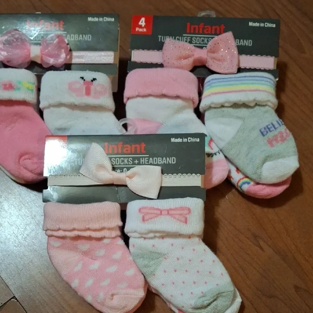 Charming Infant Pink and White Socks & Headband Set 12 Pair (Soc003)